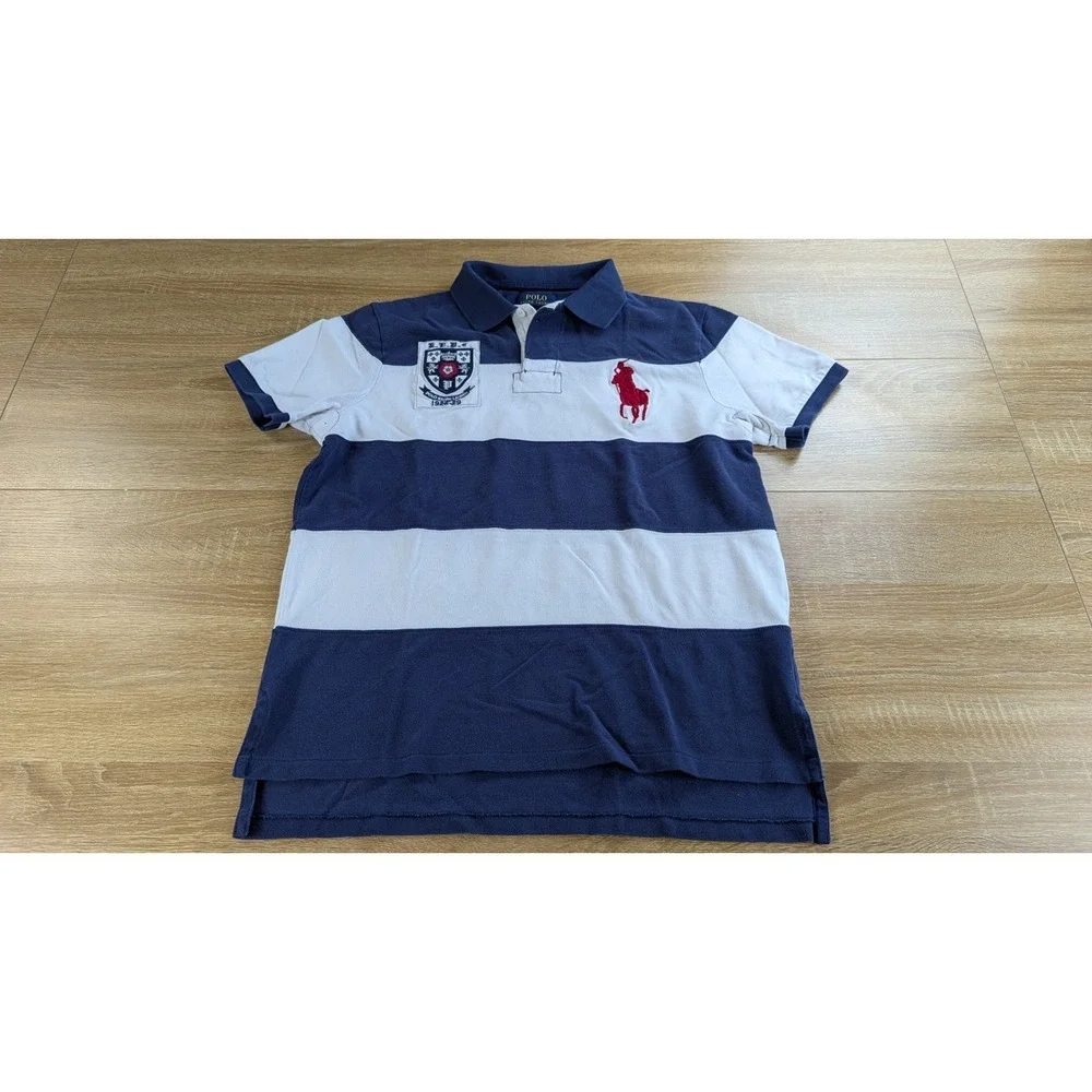Polo Ralph Lauren Big Pony Mens L Custom Fit Rugby Stripe Crest Shirt Navy White